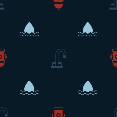 Set Fire hydrant Water tap and drop on seamless pattern. Vector.