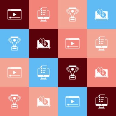 Set pop art Online play video quiz test survey Award cup and Question and Answer icon. Vector.