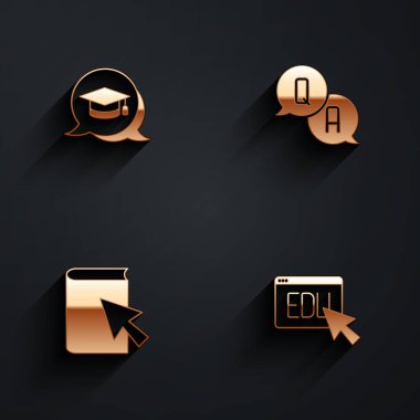 Set Graduation cap in speech bubble Question and Answer Online book and education icon with long shadow. Vector.