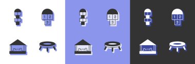 Set Jumping trampoline Hopscotch Sandbox with sand and icon. Vector.
