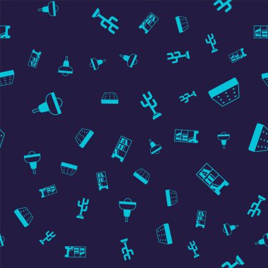 Set Lamp hanging Mattress Coat stand and Library bookshelf on seamless pattern. Vector.