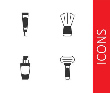 Set Shaving razor Cream lotion cosmetic tube Tube of hand cream and Makeup brush icon. Vector.