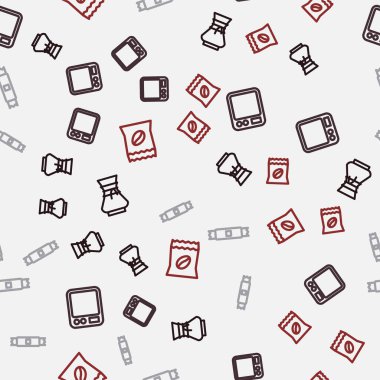 Set line Pour over coffee maker Electronic scales Sugar stick packets and Bag beans on seamless pattern. Vector.