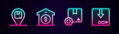 Set line Location with cardboard box Warehouse price Gear package and Carton. Glowing neon icon. Vector.