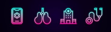 Set line Emergency call 911 Lungs Hospital building and Stethoscope. Glowing neon icon. Vector.