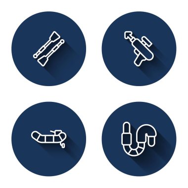 Set line Oars or paddles boat Fishing harpoon Inflatable with motor and Worm with long shadow. Blue circle button. Vector.