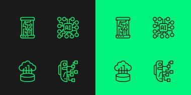 Set line Humanoid robot Network cloud connection Cryogenic capsules and Neural network icon. Vector.