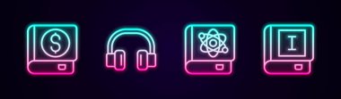 Set line Financial book Headphones Book about physics and . Glowing neon icon. Vector.
