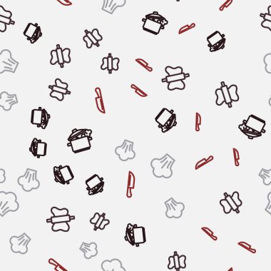 Set line Cooking pot Rolling pin on dough Chef hat and Knife on seamless pattern. Vector.