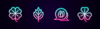 Set line Four leaf clover Leaf and Clover. Glowing neon icon. Vector.