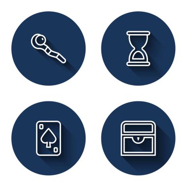 Set line Magic staff Old hourglass Playing cards and Antique treasure chest with long shadow. Blue circle button. Vector.