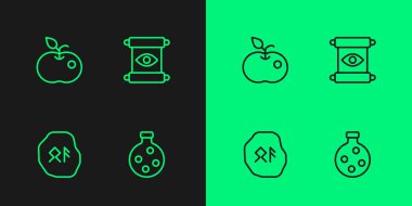 Set line Bottle with potion Magic runes Poison apple and scroll icon. Vector.