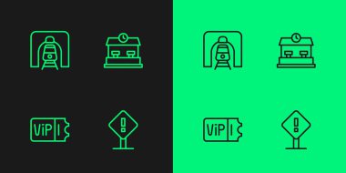 Set line Exclamation mark in square Train ticket railway tunnel and Railway station icon. Vector.