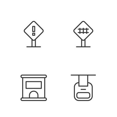 Set line Cable car Ticket office to buy tickets Exclamation mark in square and Railroad crossing icon. Vector.