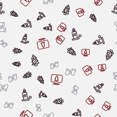 Set line Christmas tree Burning candle mittens and on seamless pattern. Vector.