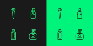 Set line Tube of hand cream Bottle shampoo Makeup brush and liquid soap icon. Vector.