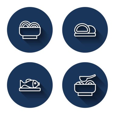 Set line Asian noodles in bowl Sushi Served fish on plate and Ramen soup with long shadow. Blue circle button. Vector.