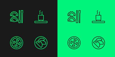 Set line Dumpling Homemade pie with chopsticks and Cup of tea icon. Vector.