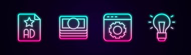 Set line Advertising Stacks paper money cash Browser setting and Light bulb. Glowing neon icon. Vector.