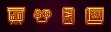 Set line Board with graph chart Human and money Mobile 24 hours support and Financial book. Glowing neon icon. Vector.