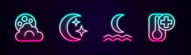 Set line Cloud with moon Moon and stars Night fog or smoke and Thermometer. Glowing neon icon. Vector.