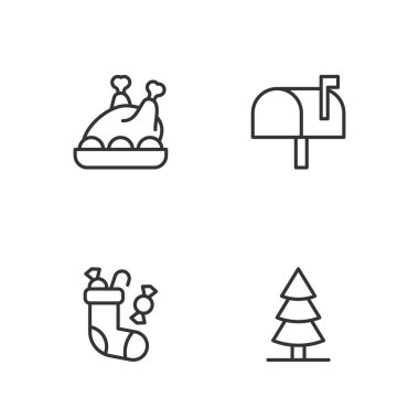 Set line Christmas tree stocking Roasted turkey or chicken and Mail box icon. Vector.