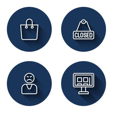 Set line Paper shopping bag Hanging sign with text Closed Angry customer and Online on screen with long shadow. Blue circle button. Vector.