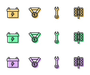 Set line Wrench spanner Car battery Medal and Racing traffic light icon. Vector.