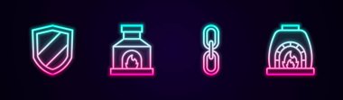 Set line Shield Blacksmith oven Chain link and . Glowing neon icon. Vector.