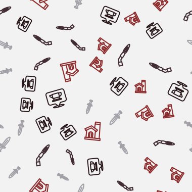 Set line Blacksmith anvil tool Welding torch Medieval sword and Smithy workshop interior on seamless pattern. Vector.