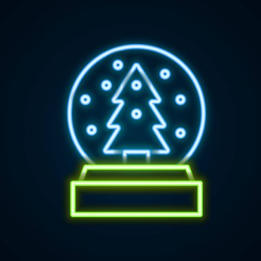 Karla kaplı parlak neon hattı Noel kar küresi ve siyah arka planda izole edilmiş Noel ağacı ikonu. Mutlu Noeller ve mutlu yıllar. Renkli taslak konsepti. Vektör