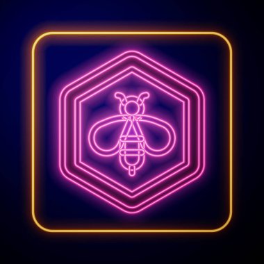 Parlayan neon arısı ve bal peteği simgesi siyah arkaplanda izole edilmiş. Bal hücreleri. Bal arısı ya da kanat sembollü apis. Uçan böcek. Tatlı doğal yemek. Vektör