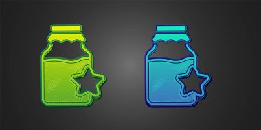 Siyah arkaplanda izole edilmiş yeşil ve mavi bal ikonu. Yiyecek bankası. Tatlı doğal gıda sembolü. Vektör