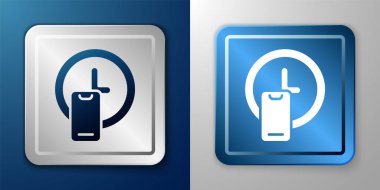 Mavi ve gri arkaplanda beyaz saat teslim ikonu izole edildi. Gümüş ve mavi kare düğme. Vektör