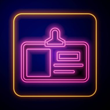Parlayan neon kimlik kartı simgesi siyah arkaplanda izole edildi. Sunum için, şirketin kimliği için, reklam için kullanılabilir. Vektör.