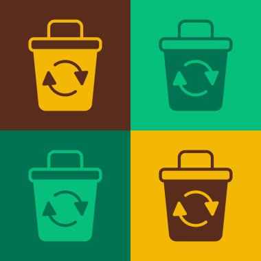 Renk arkaplanında izole edilmiş geri dönüşüm sembolü olan Pop Art Geri Dönüşüm kutusu. Çöp kutusu simgesi. Çöp kutusu tabelası. Geri dönüşüm sepeti işareti. Vektör.
