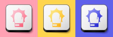 Isometric Punch in boxing gloves icon isolated on pink, yellow and blue background. Boxing gloves hitting together with explosive. Square button. Vector.