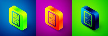 Isometric Football or soccer field icon isolated on blue, purple and green background. Square button. Vector.