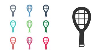 Black Tennis racket icon isolated on white background. Sport equipment. Set icons colorful. Vector.