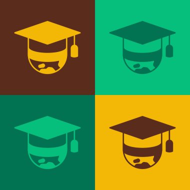 Dünya ikonundaki Pop Art mezuniyet kapağı renk arkaplanında izole edilmiş. Dünya eğitim sembolü. Çevrimiçi öğrenme ya da e-öğrenme kavramı. Vektör.