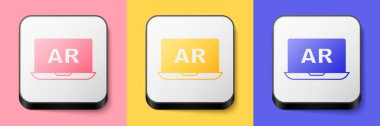 Isometric Augmented reality AR icon isolated on pink, yellow and blue background. Virtual futuristic wearable devices. Square button. Vector.
