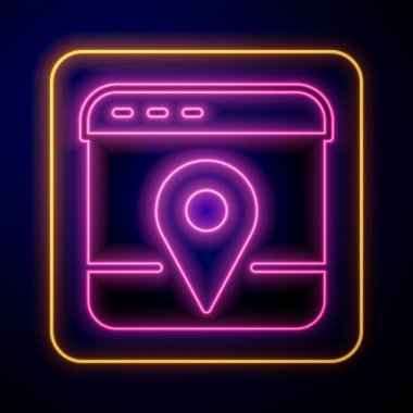 Şehir haritası navigasyon simgesinin parlayan neon bilgileri siyah arkaplanda izole edildi. Mobil Uygulama Arayüzü tasarımı. Coğrafi konsept. Vektör.