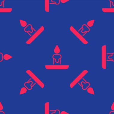 Mum simgesinde kırmızı yanan mum mavi arkaplanda izole edilmiş pürüzsüz desen. Silindirik mum çubuğu ve yanan ateş. Vektör.