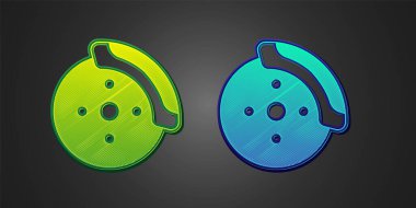 Green and blue Car brake disk with caliper icon isolated on black background. Vector.