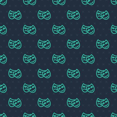 Yeşil çizgi komedi ve trajedi teatral maskeler ikonu mavi arka planda kusursuz desen izole etti. Vektör.