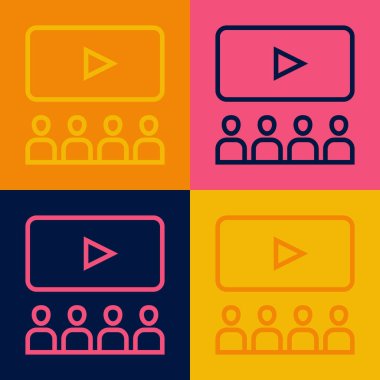 Renk arkaplanında ekran simgesi olan Pop Sanat Çizgisi Sineması salonu. Vektör.