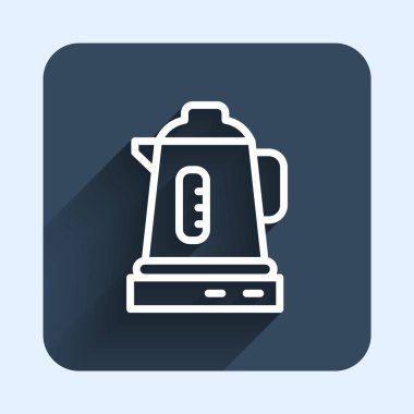 White line Electric kettle icon isolated with long shadow background. Teapot icon. Blue square button. Vector.