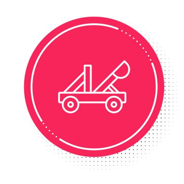 White line Old medieval wooden catapult shooting stones icon isolated on white background. Red circle button. Vector.