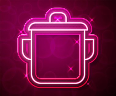 Parlak neon hattı kırmızı arka planda izole edilmiş tencere ikonu pişirme. Haşlama ya da güveç besin sembolü. Vektör.