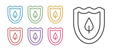 Beyaz arkaplanda yaprak simgesi olan çizgi kalkanını ayır. Yapraklı çevre dostu güvenlik kalkanı. Simgeleri renklendirin. Vektör.